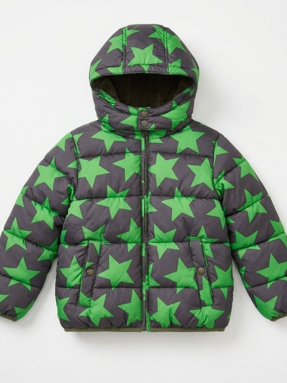Mini Boden Kids Green Star Print Puffer Winter Jacket Coat Hooded Size 5-6Y